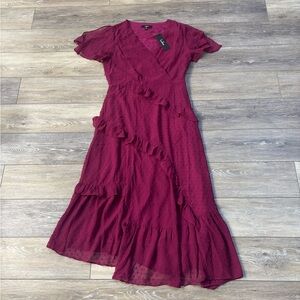 Lulus Next to You Dress Sz M Plum Midi Swiss Dot Ruffled Party Event Date NWT